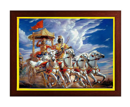 Zig Zag Krishna and Arjuna on Chariot During Mahabharata war Photo Frame For ,Temple, pooja Room, Worship ( 24 x 34 cm , Brown )