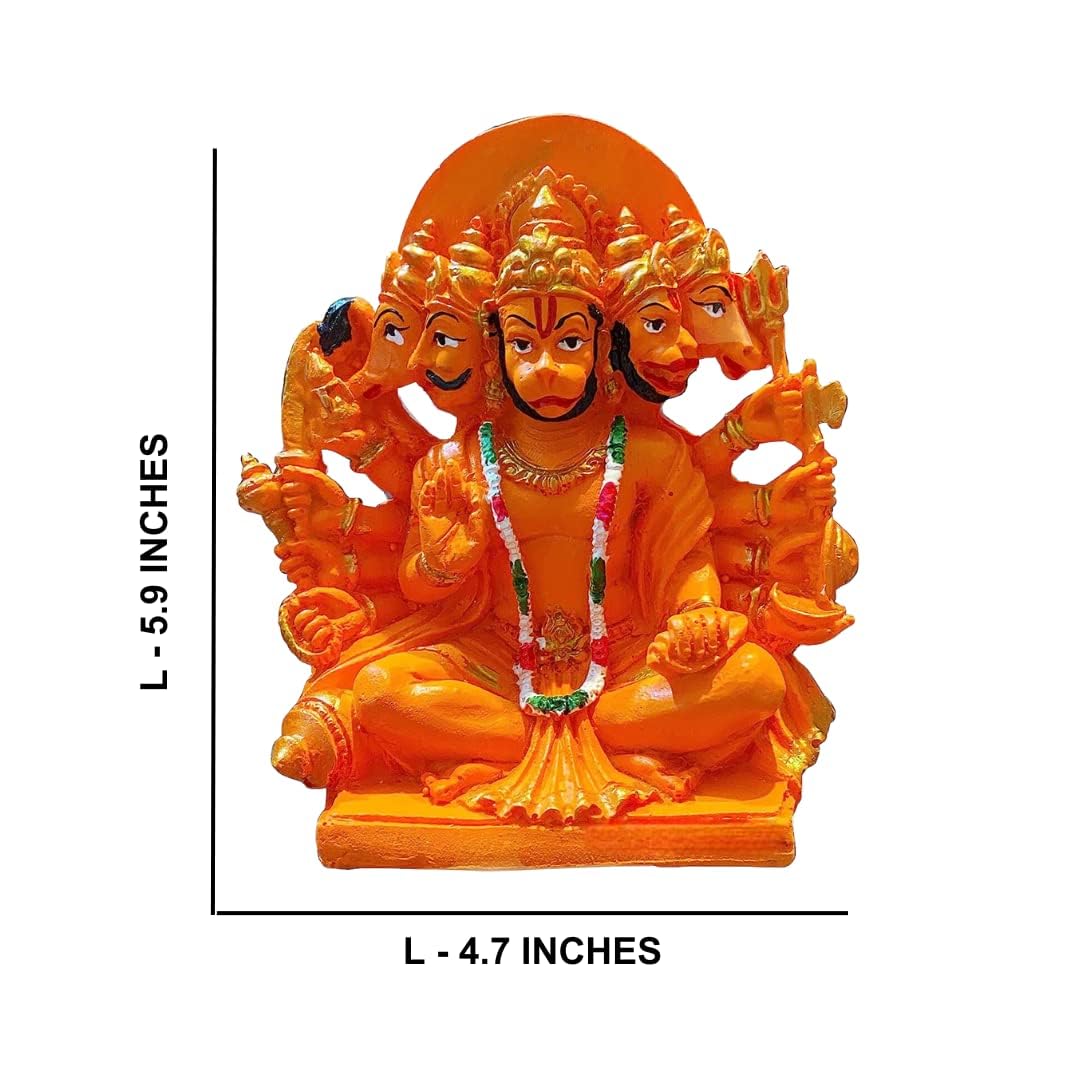 ZIG ZAG Lord Panchmukhi Hanuman ji Murti / Statue Orange Sankat Mochan Polyresin Idol for Pooja Temple / Home Decor Car Office (Size - 6 Inches)