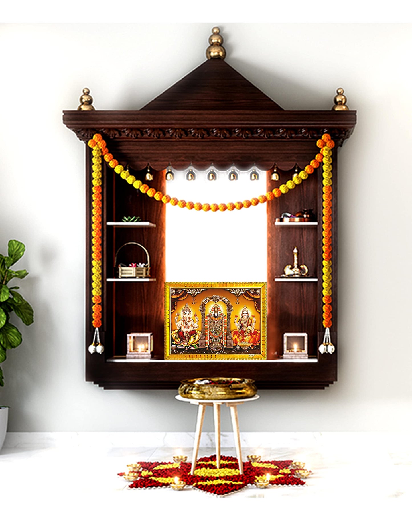 Zig Zag Tirupati Balaji Venkateshwara Swamy with Ganesha and Lakshmi Maata Photo Frame For Pooja Room ( 7x9 inches) Golden