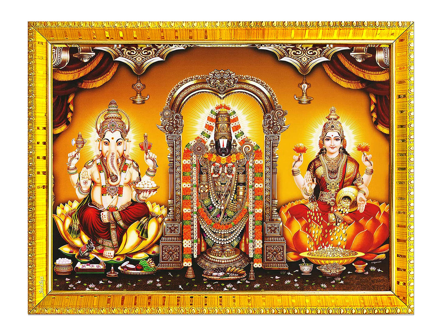 Zig Zag Tirupati Balaji Venkateshwara Swamy with Ganesha and Lakshmi Maata Photo Frame For Pooja Room ( 7x9 inches) Golden