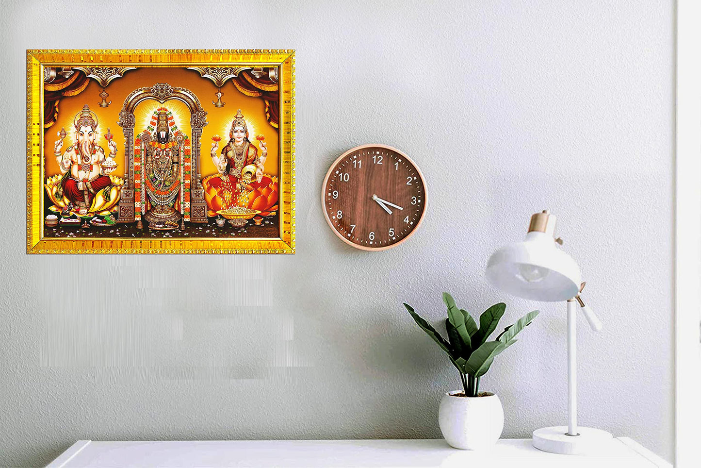 Zig Zag Tirupati Balaji Venkateshwara Swamy with Ganesha and Lakshmi Maata Photo Frame For Pooja Room ( 7x9 inches) Golden