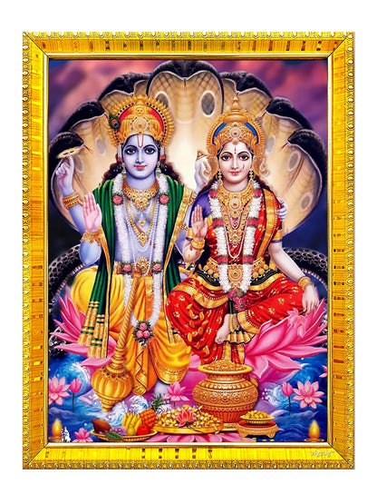 Zig Zag Lord Lakshmi Narayan / Lord Vishnu With Lakshmi Mata Photo Frame For Wall / Table / Pooja Room ( 7x9 inches, Acrylic Glass) Golden