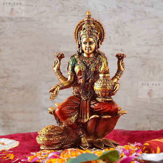 Goddess Lakshmi Idol Statue Laxmi Devi Murti Showpiece for Pooja Room, Temple, Diwali Decoration Gifts for Family & Friends (Multicolour 7 inches)