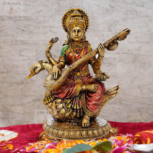 Maa Saraswati Devi Idol Statue Goddess of Knowledge, Music MATA Saraswati Figurine for School, Office, Home (Multicolor, 8 Inches)